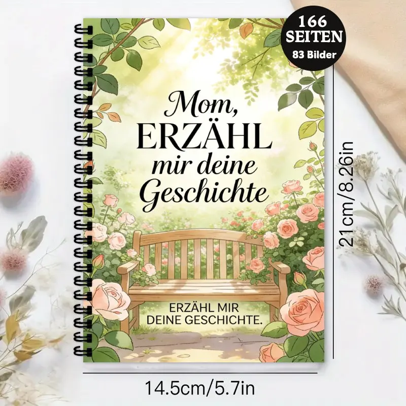 German1pc A5 German Notepad Mom's Life Story Journal Mother's Day Gift Notebook with Garden Bench & Floral Roses Design