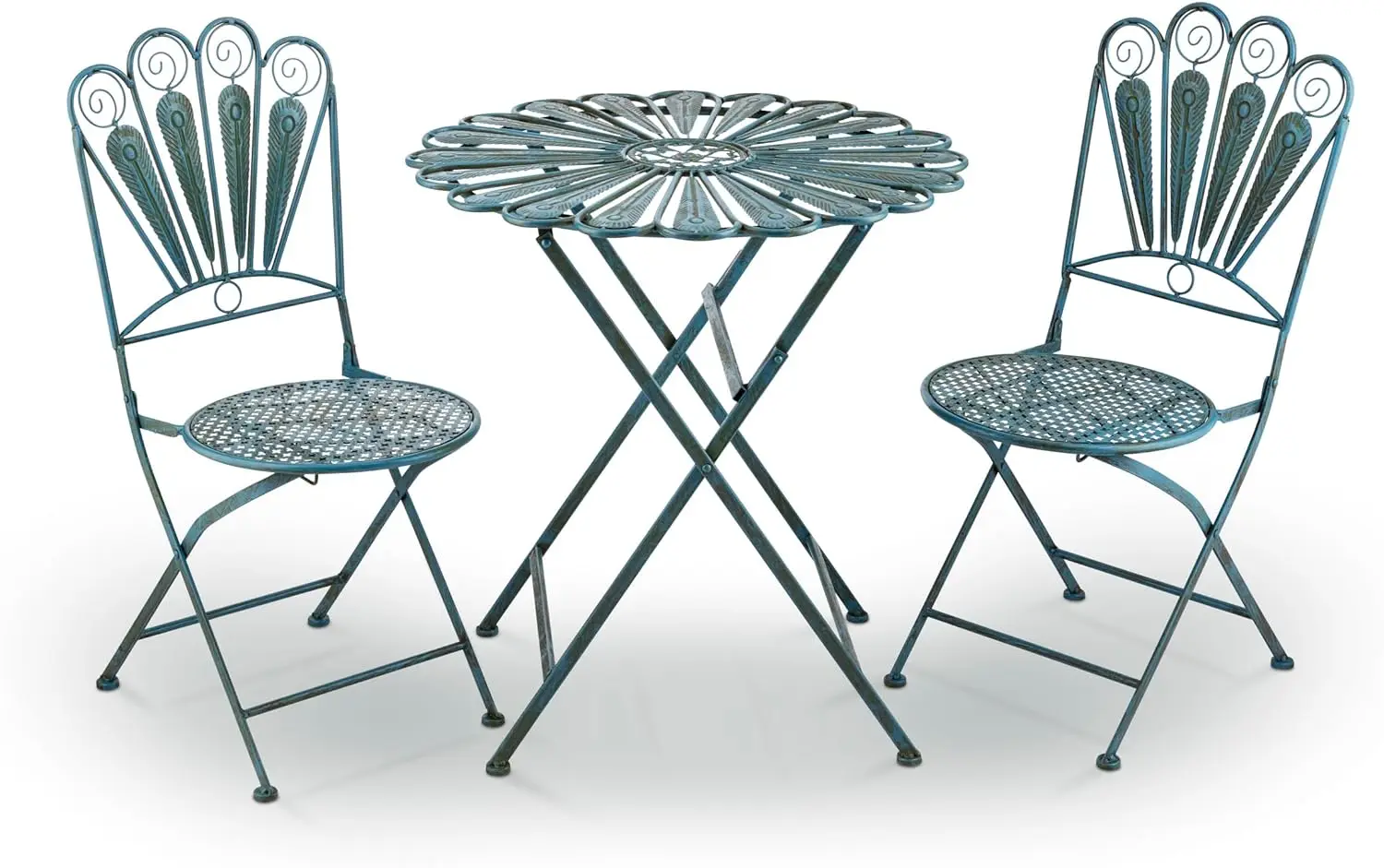 Alpine Corporation Indoor/Outdoor 3-Piece Peacock Feather Rustic Metal Bistro Set Patio Seating, Light Blue