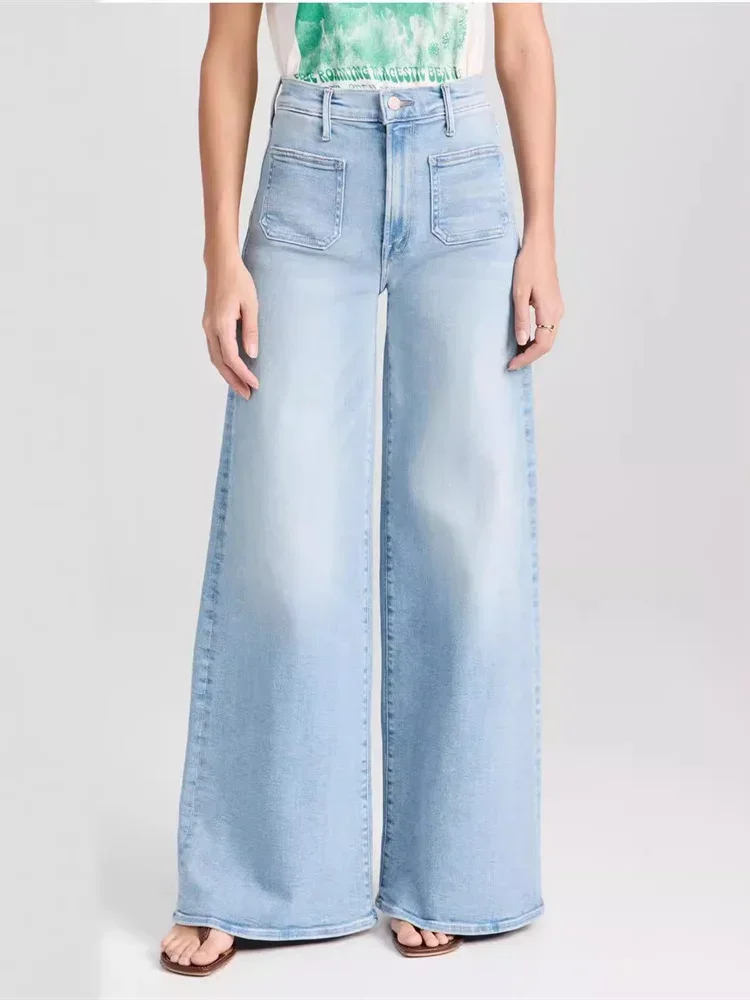 2024 new Women Wide Leg Flared Denim Pants Ladies Casual High Waisted Long Boom Cut Jeans