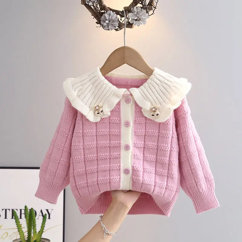 Girls' Sweater 2023 Autumn/Winter New Polo Collar Children's Sweater Baby Knitted Coat Cardigan Fashionable Baby Outwear