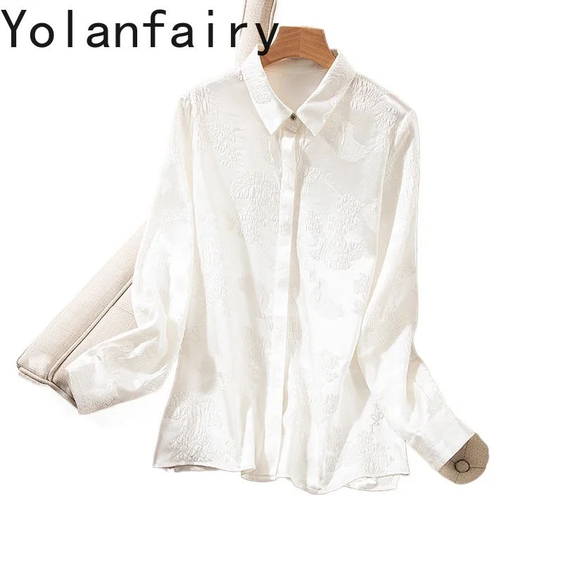 

YOLANFAIRY 93% Real Mulberry Silk White Shirt Woman Square Collar Long Sleeve Shirts Dames Embossed Jacquard Women Shirts 여성옷