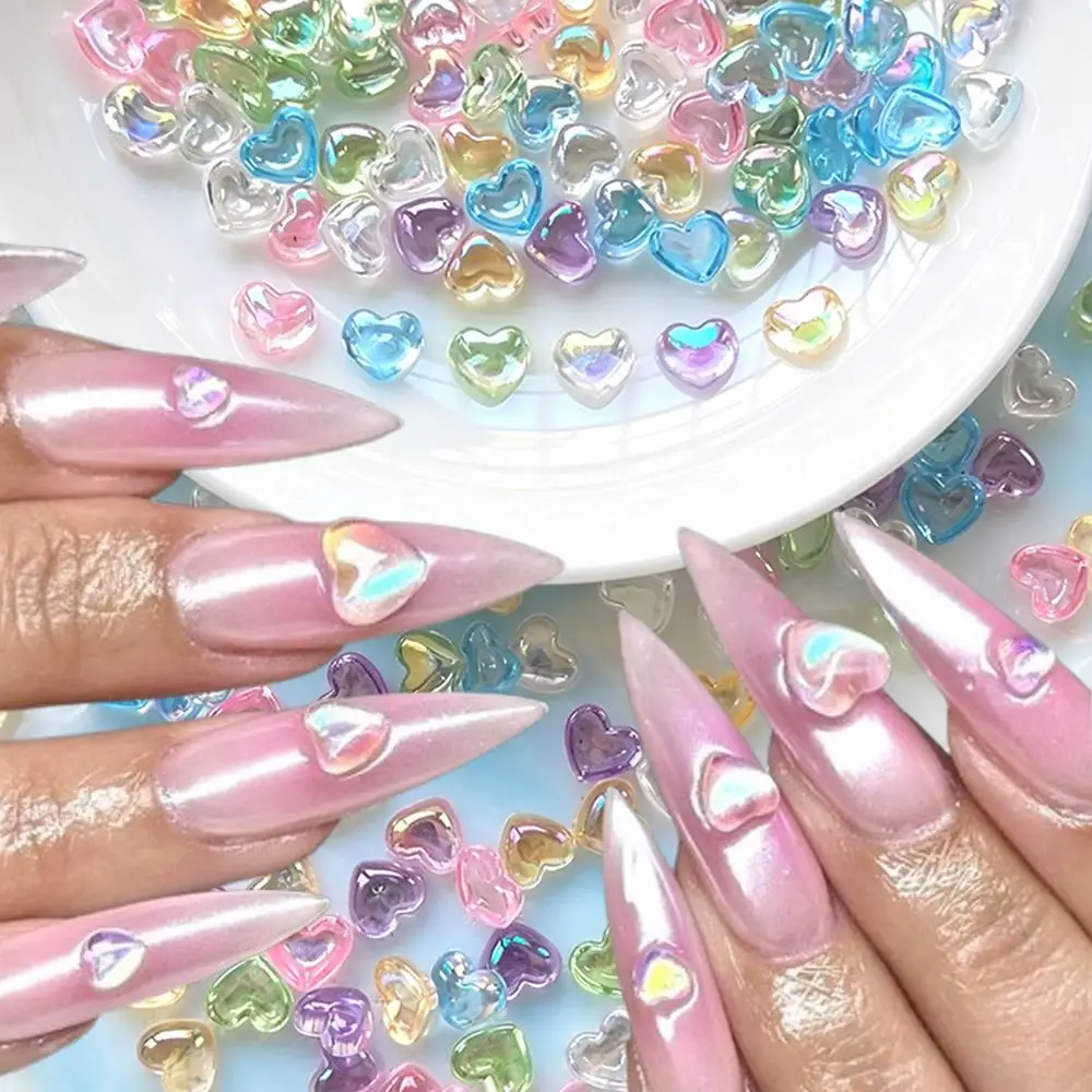 100Pcs 3D Iridescent Love-Heart Nail Charms 10mm Mixed Colors Resin Love Nails Decorations Ice Transparent Heart Manicure Parts
