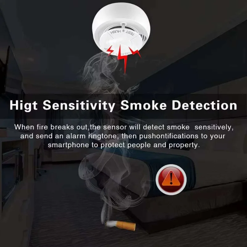 WiFi Smart Smoke Detector Real-Time Phone Alert Fire Alarm Battery Powered Photoelectric Smoke Sensor Home Security Device