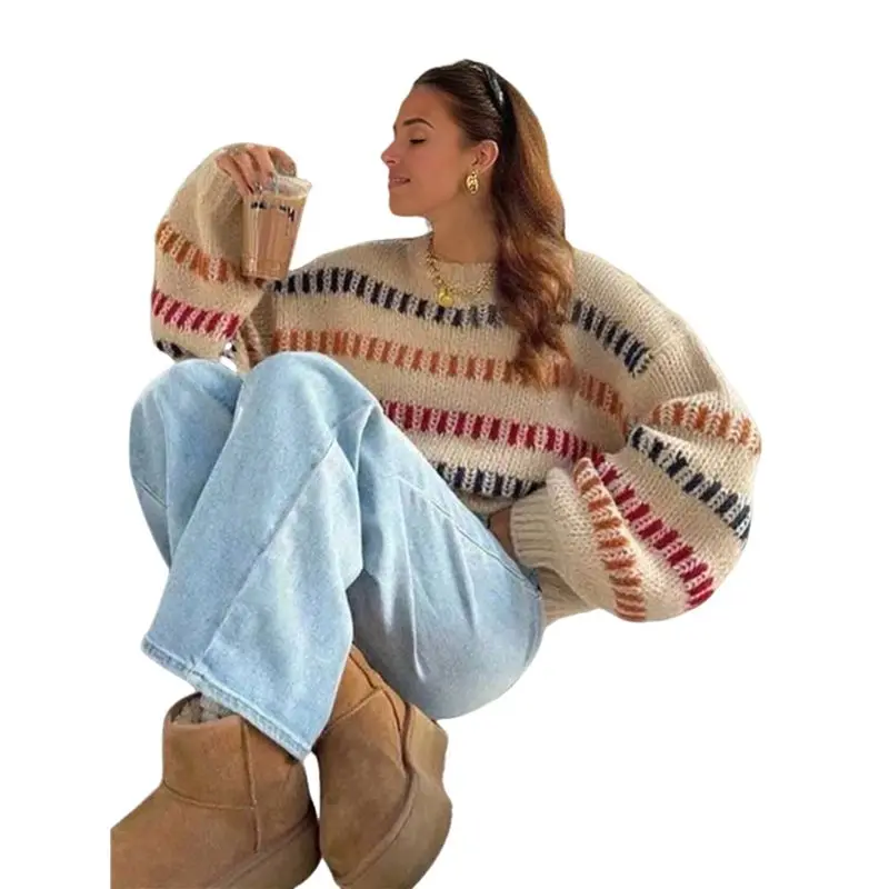 

CYL-Women's Striped Color Block Long Sleeve Oversized Sweater Top Fall Casual Chunky Knit Sweater
