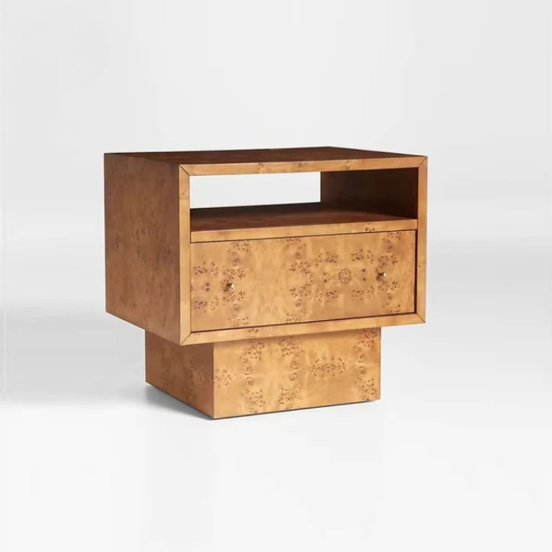 

Modern luxury hotel bedroom wooden bedside table with drawers villa natural tree, textured bedside table furniture