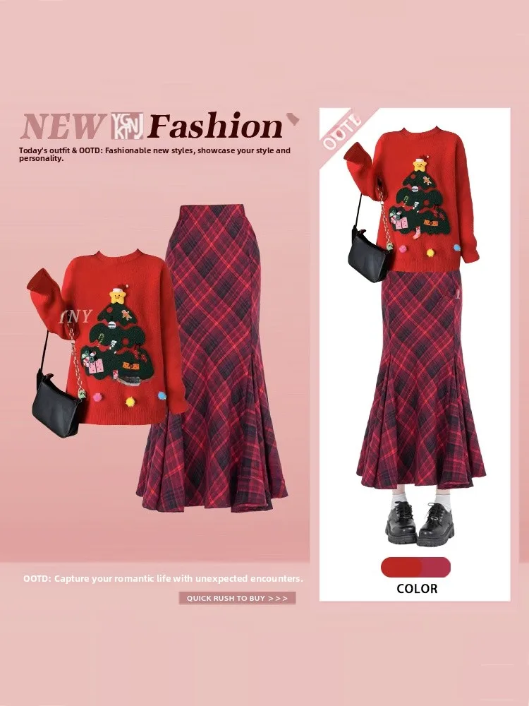

Retro Cisas Tree Pattern Knitted Sweater Plaid Fi Tail Skirt Women's Autumn Winter Aosphere Youthful Gentle Set