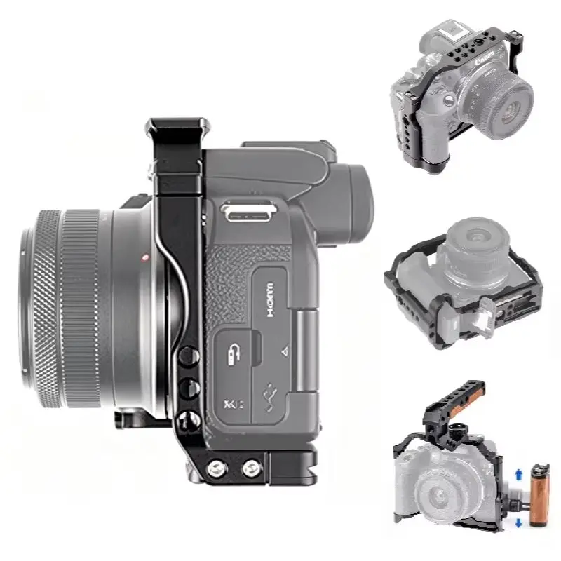 

Металлический кейдж-кейс для камеры Canon EOS R10 из алюминиевого сплава с отверстиями под винты 1/4'' и 3/8'', креплением Cold Shoe и пластиной Arca-Swiss