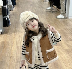 Vest Girl Korean Autumn Winter New Coat Plush Childrens Clothing Fashion Round Collar Sleeveless 2024 Solid Pocket Simple