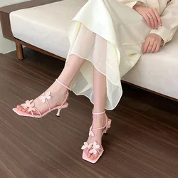 Fairy Style Pink Strappy Sandals with Bow and Cross Straps High Heels Summer Sandals