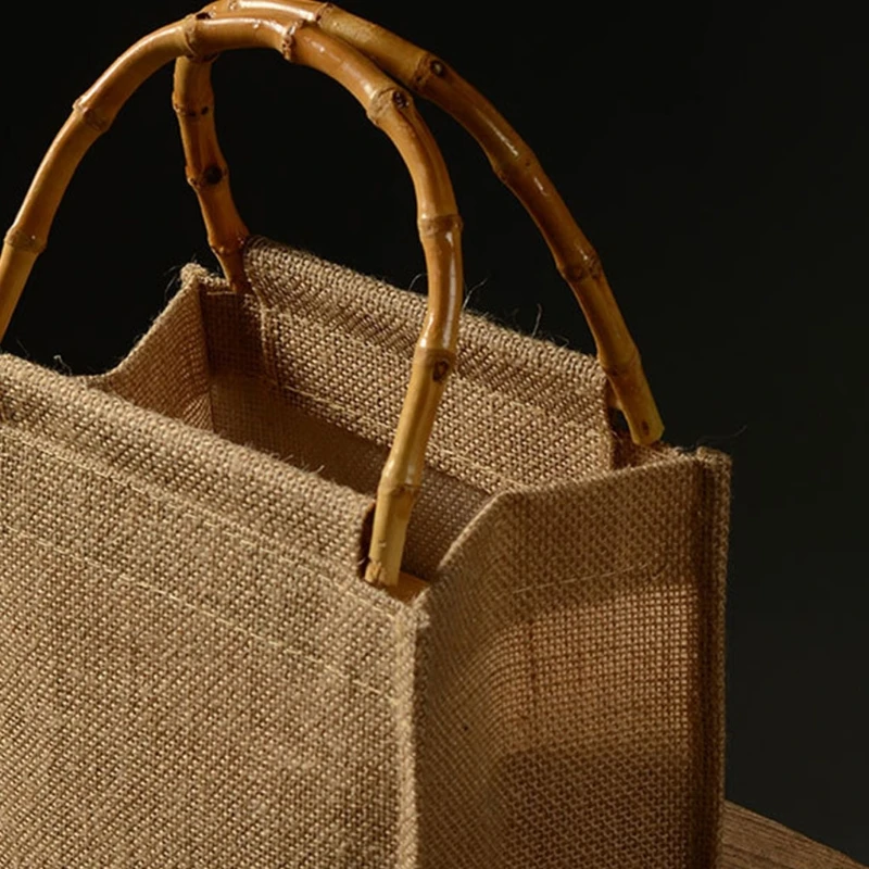 Portable Burlap Jute Shopping Bag Handbag Bamboo Loop Handles Reusable Tote Grocery Bags Drop Shipping