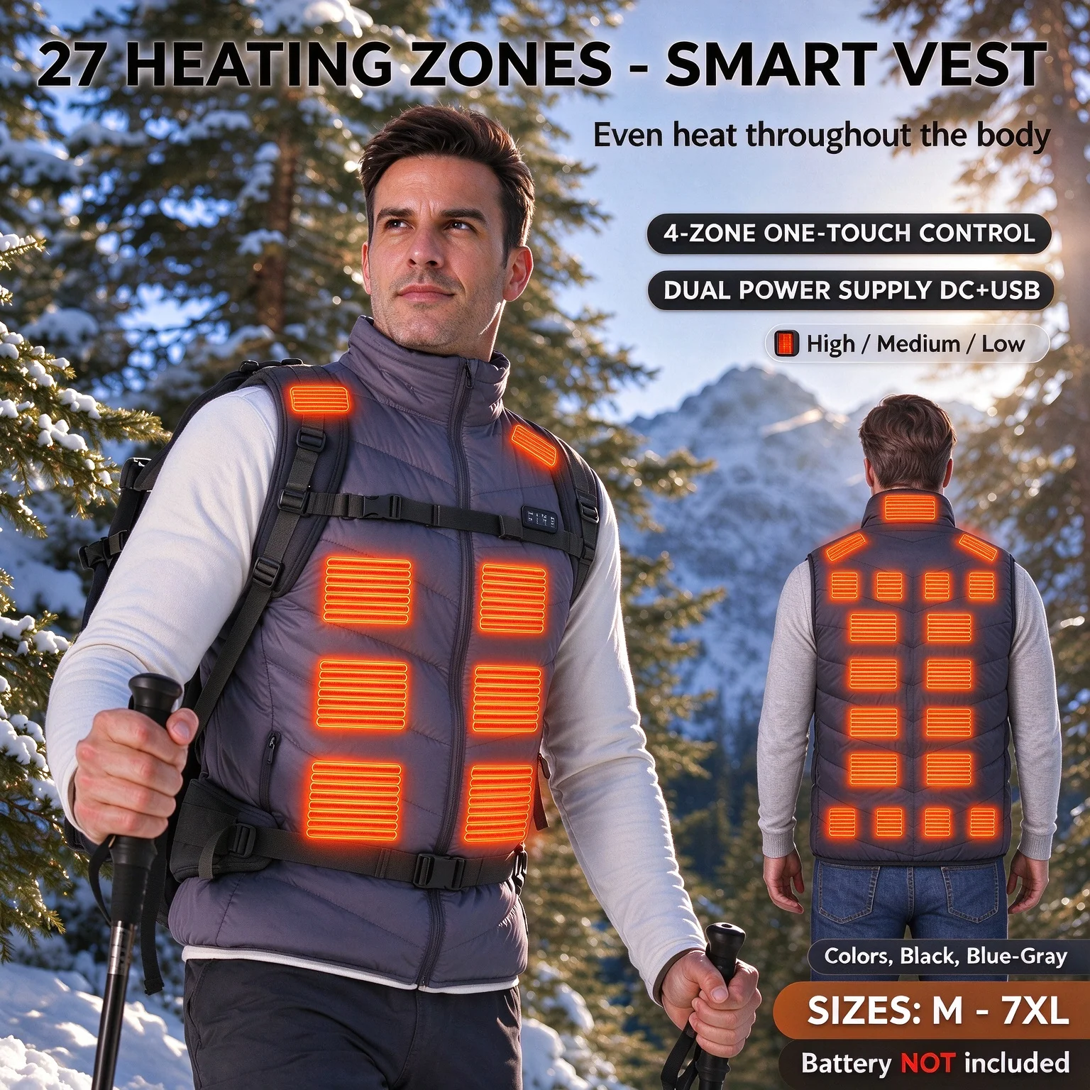 Men Smart Heated Vest 27 Heating Zones 4-Zone Control USB DC Dual Power 3 Temp Winter Outdoor Thermal Waistcoat M-7XL