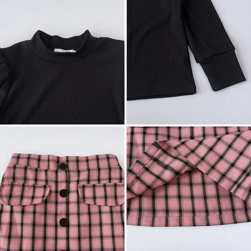 Bear Leader Kids Clothes Girls Pink Checkered Short Skirt+Black Half Neck Top+Hat Autumn New Three Piece Set Children\'s Clothing