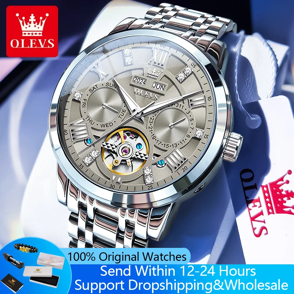 

OLEVS 6701, мужские часы, роскошные водонепроницаемые механические часы с автоматической датой для мужчин, наручные часы с полым скелетом и бриллиантами, светящиеся часы