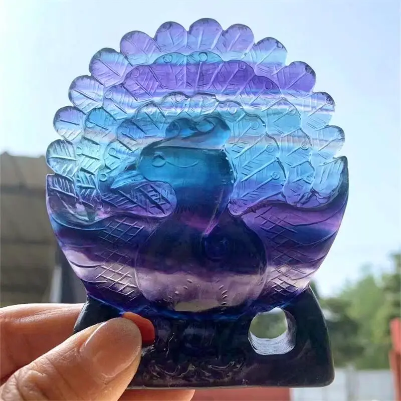 

9.5cm Natural Rainbow Fluorite Peacock Crystal Gemstone Carving Healing Animals Figurines Reiki Ornaments Home Decoration 1pcs