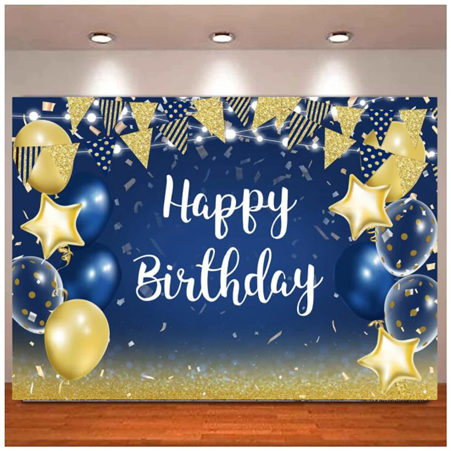 

Blue And Gold Happy Birthday Party Photography Backdrop Glitter 30th 40th 50th Milestone Balloon Background Men Women Bday Decor