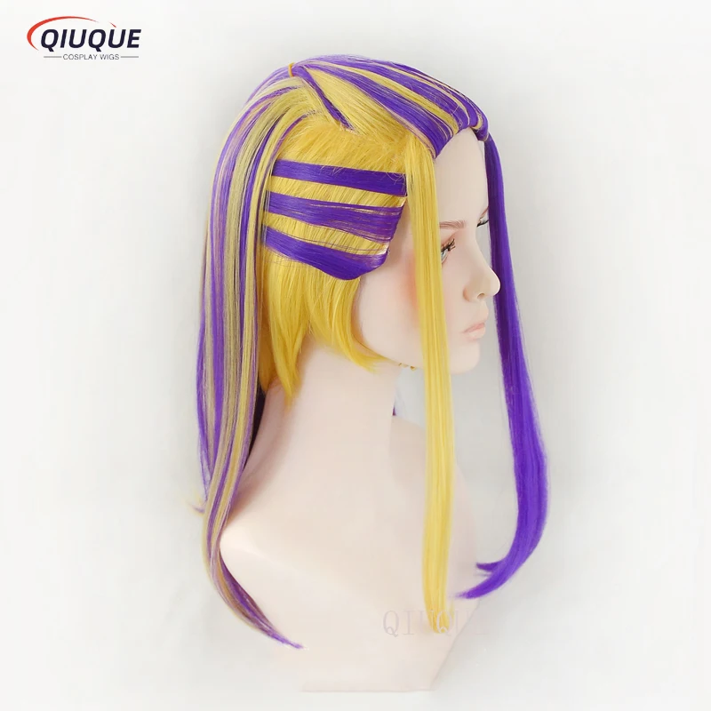 Anime Wakasa Imaushi Cosplay Wig Golden Purple Heat Resistant Synthetic Hair Wigs + Earrings + Wig Cap
