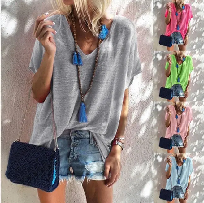 

Summer Candy Colored Loose Women's T-irt V-Ne ort Sve Faionable plus Size Cotton Chinese Sle Top for Young Women