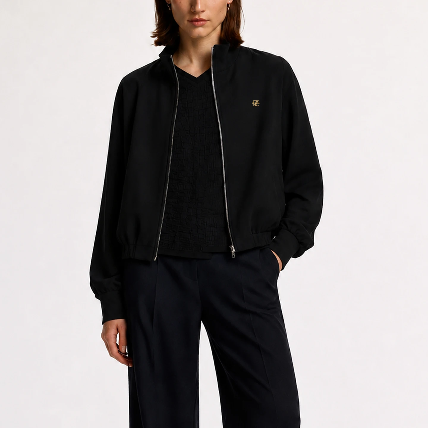 CH Women Stand Collar Zip Up Cropped Jacket Loose Long Sleeve Gold Embroidered Logo Casual Daily Outerwear Coat