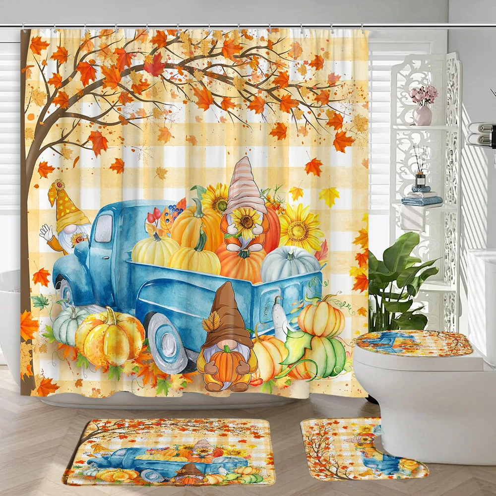 4Pcs Autumn Shower Curtain Fall Cartoon Farm Flower Plant Genie Butterfly Pumpkin Home Bathroom Decor Bath Mat Toilet Cover Set