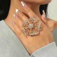 1 Pcs Luxury Big Flower Zircon Rings Women Indian Jewelry Classic Hollow Gold Color Adjustable Ring Female Gifts Dropshipping