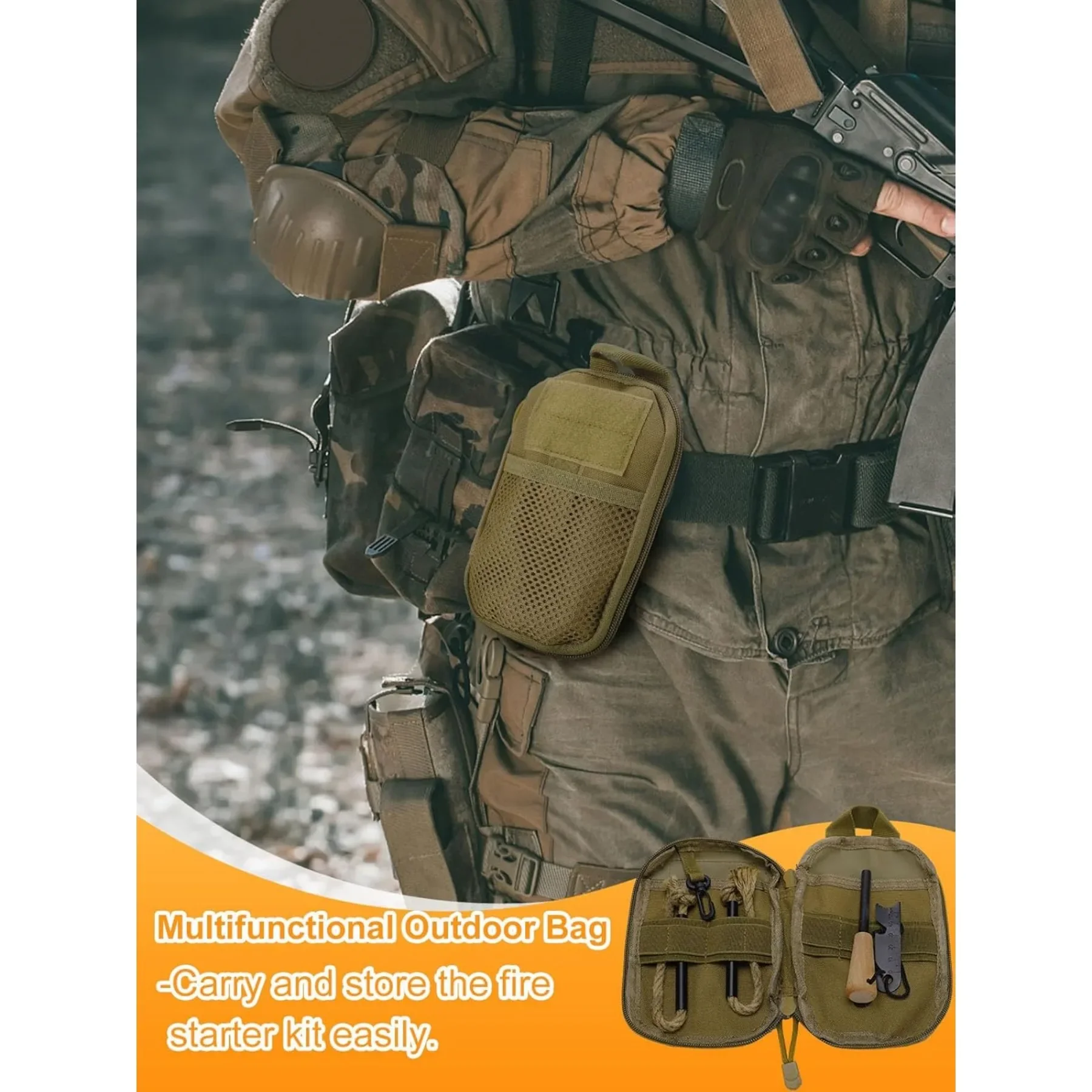 أداة النجاة في كاتب النار، مجموعة أدوات تشغيل النار تتضمن قضيبًا من المغنيسيوم، قطعتان من حبل القنب الفتيل وحقيبة خارجية متعددة الوظائف