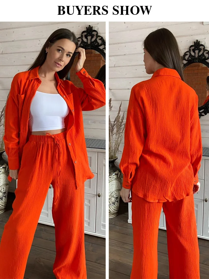 Clacive Casual Loose Pink Two Piece Pants Set Women Fashion Long Sleeve Blouses Matching Wide Trousers Suit Lace-Up Pant Sets