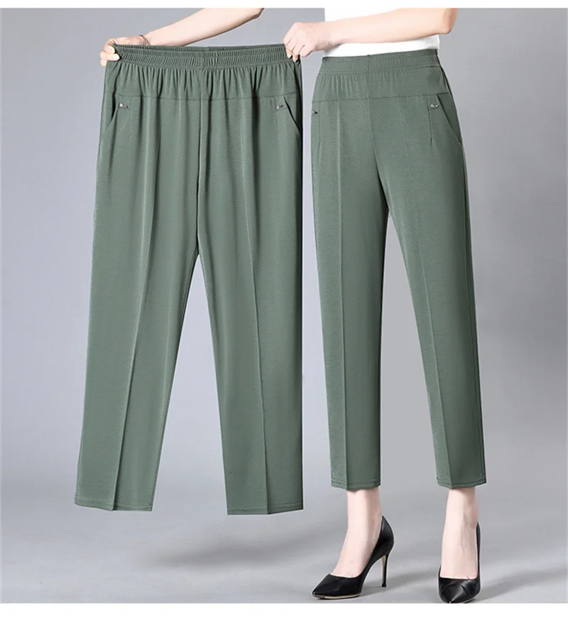 Middle Aged Women's Pants 2026 New Summer Thin High Waiste Elastic Loose Straight Pants Female Casual Trousers 5XL 6XL 7XL 8XL