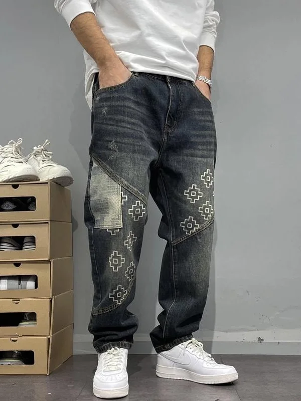 Loose Fit Printed Patchwork Jeans Men's Cone Shaped Straight Leg Pants American High Street Style Durable Casual Trousers