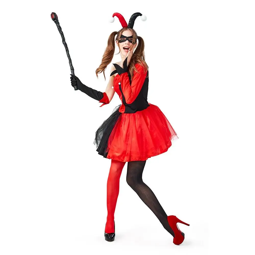 Quinn-vestidos de Cosplay para mujer, disfraz de payaso rojo y negro para Halloween, Carnaval, Pascua, Purim, elegante