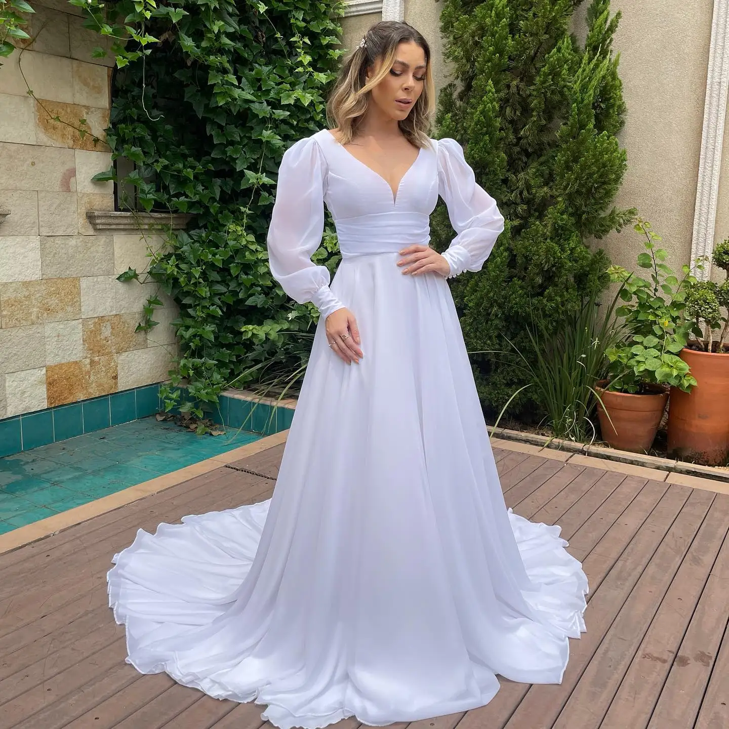 Vestido De novia De manga larga, traje sencillo con cuello en V, línea A, hecho A medida, 2024