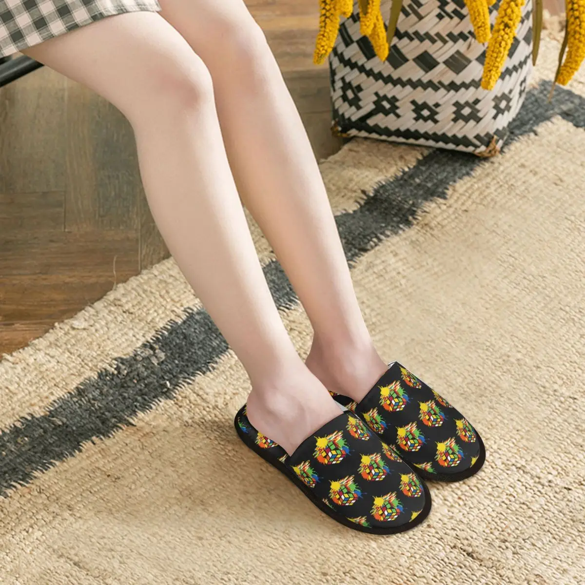 Custom Melting Rubiks Cube Memory Foam Slippers Women Comfy Warm Geometric Math Magic House Slippers