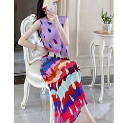 Knitting Water Droplets Printing Summer Women New Pleated Niche Sweet Pleats Sleeveless Loose Comfortable All-match Long Dress