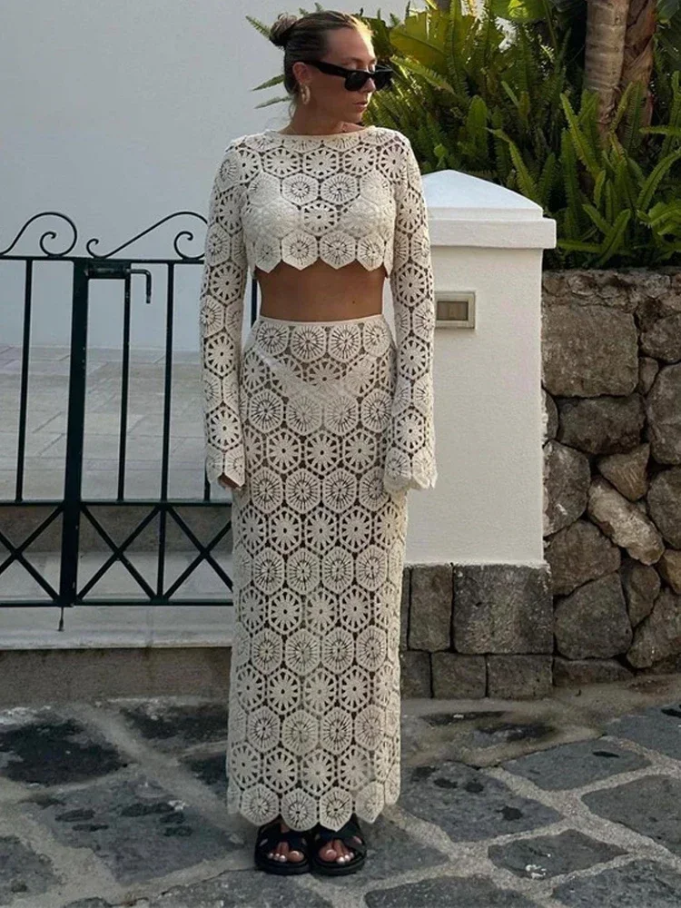 Xizou häkeln sexy Frauen 2 Stück Set y2k Strand Urlaub Stil solide elegante Crop Tops Maxi röcke passend Clubwear Outfits