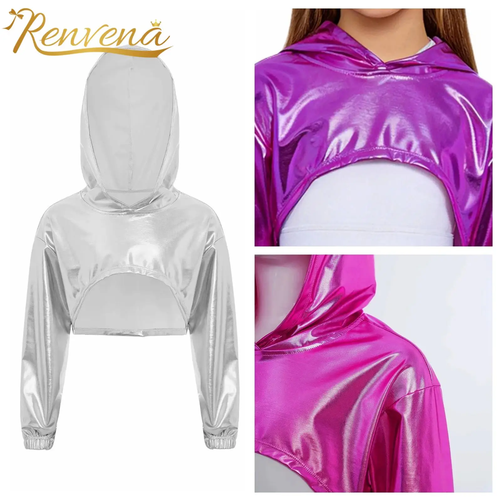 Hoodie Kids Girls Jazz Dance Performance Costume Dancewear Children's Hip-Hop Metallic Hoodie Long Sleeve Cropped Hooded Top