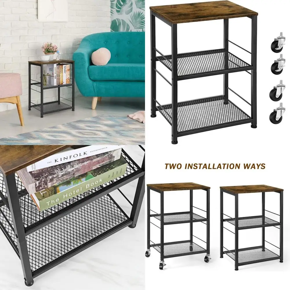 

Industrial Style Farmhouse Nightstand with Storage Shelf for Small Spaces, Rustic Brown Metal Frame Side Table