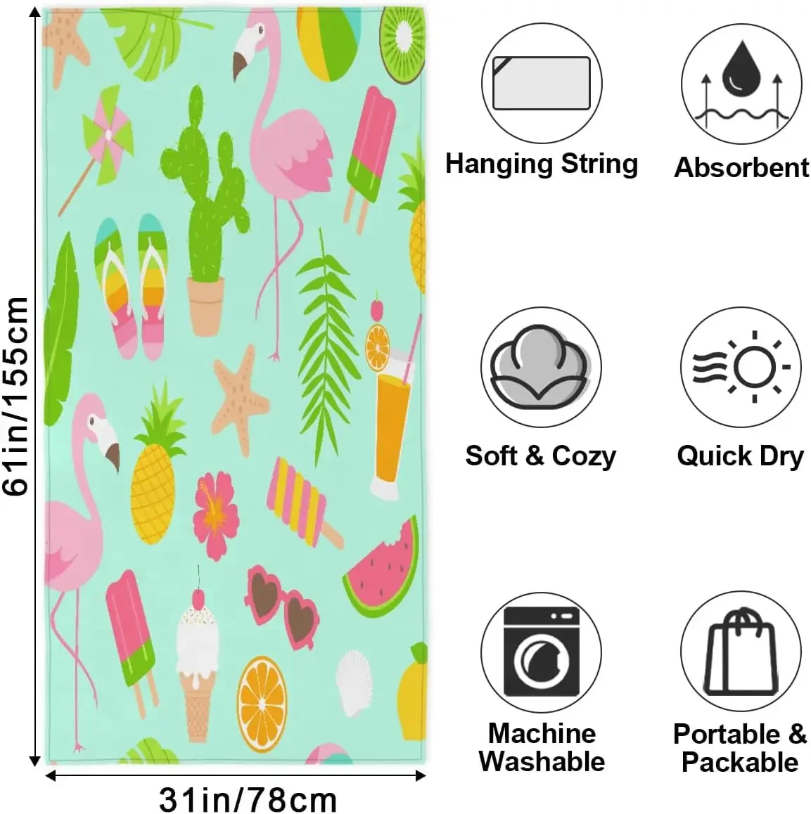 Summer Flamingo Fruits Beach Towel, Large Microfiber Quick Dry Lightweight Pool Bath Towels Sand Free Beach Blanket for Summer