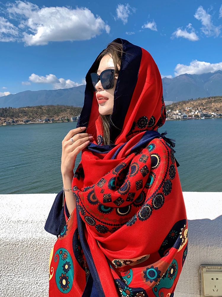 New Summer Elegant Women Silk Scarf Beach Wrap Shawl Vintage Red Print Lady Sunscreen Bandana Long Hijab Mujer Boho Scarve Pareo