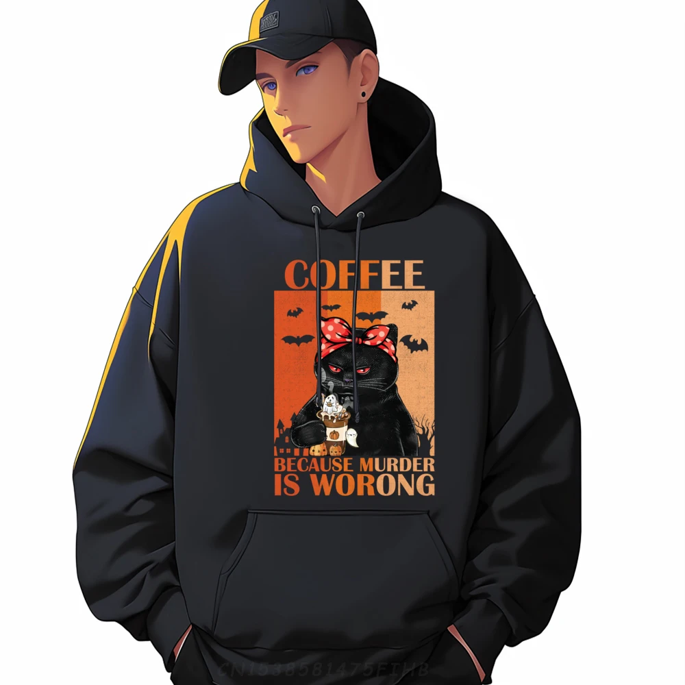 Coffee Because Murder Is Wrong Cat Halloween Coffee Vintage Graphic Shirts Oversized Hoodies Men Party