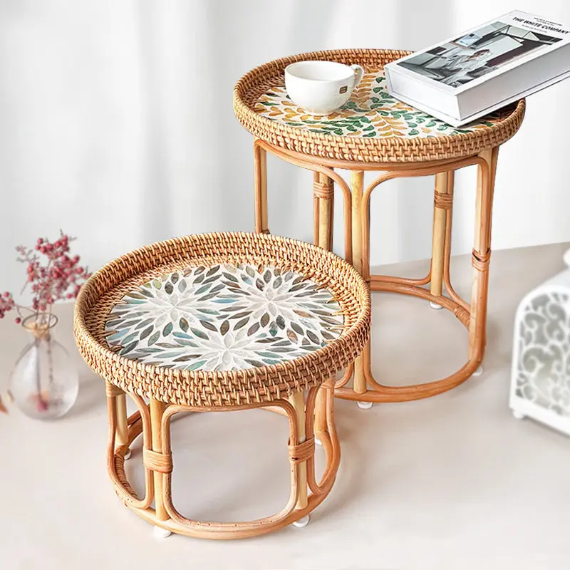 Elegant Premium Sturdy Foldable Rattan Low Coffee Table, Tatami Tea Tray for Living Room Balcony, Corner Side Table for Small