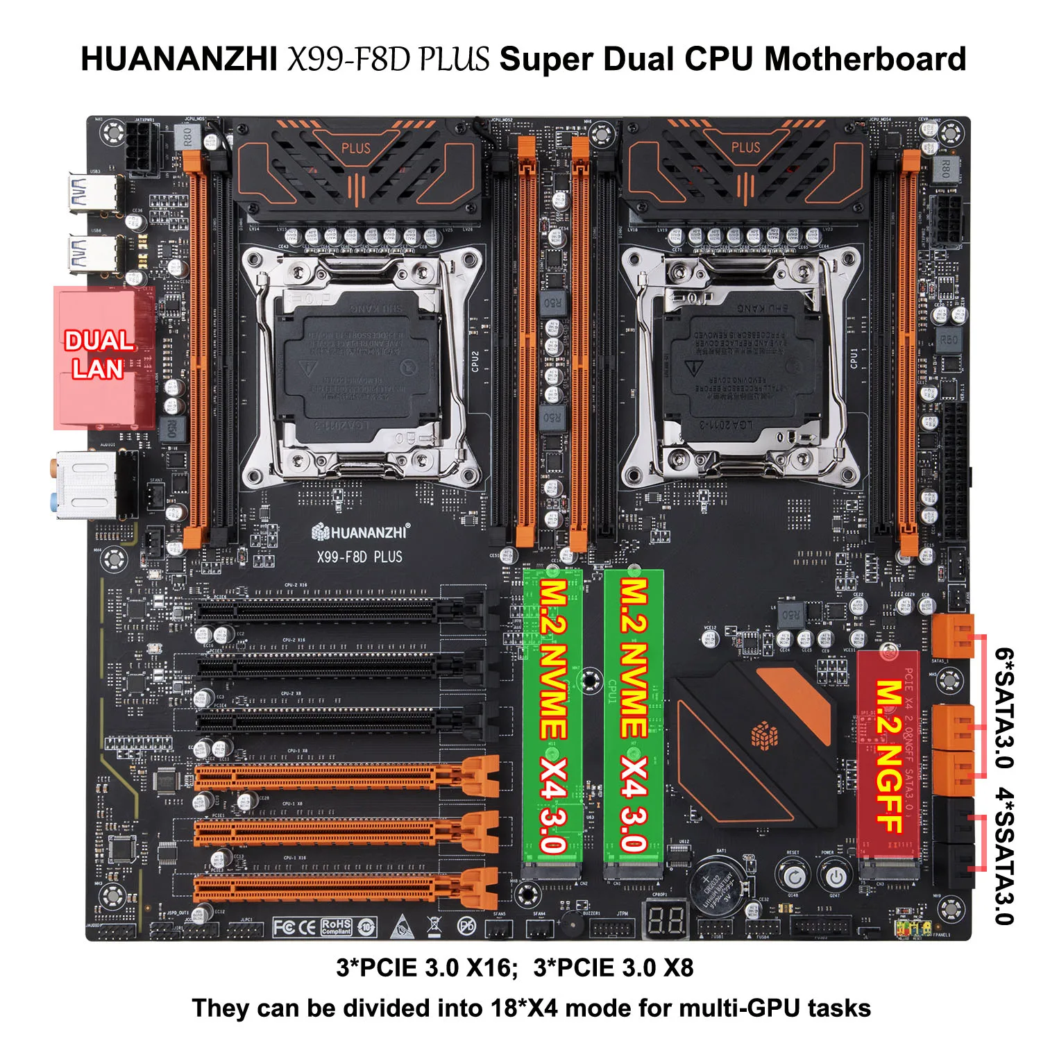 HUANANZHI X99-F8D PLUS Motherboard Set Workstation 2*2696 V4 Processors 44 Cores 88 Threads RAM 8*32G 256G DDR4 REG ECC RAM