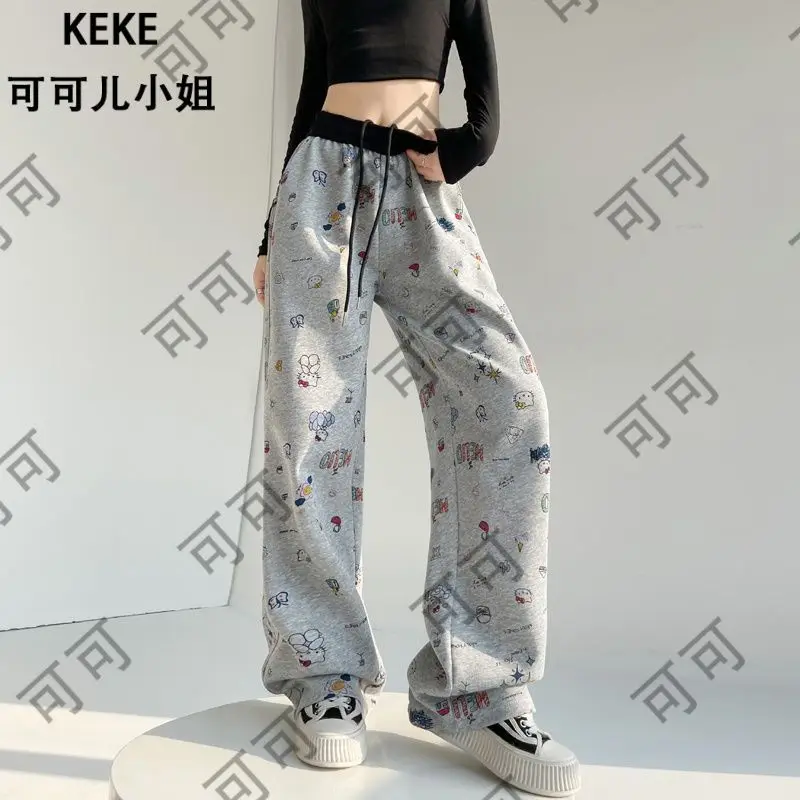 Sanrio Cute Trousers Hello Kitty Sweat Pants Grey Spring and Autumn Style Student College Style Pants Sports Floor Mopping Pants