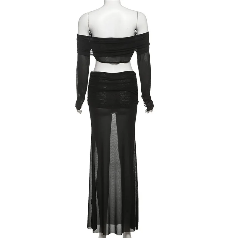Conjunto de 2 piezas de malla transparente para mujer, Tops cortos de manga larga con cuello barco fruncido, faldas largas, trajes de fiesta para discoteca, verano 2025