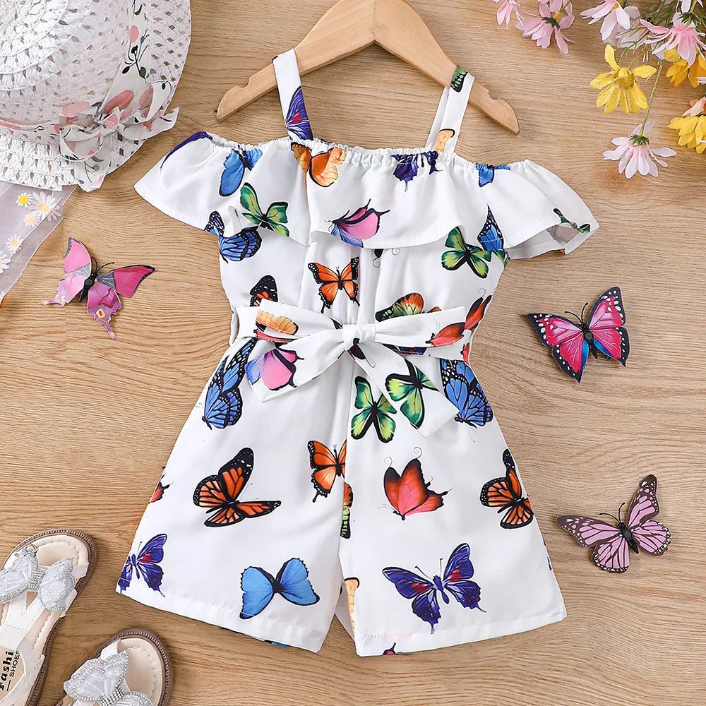 

2026 Kids Girls Sleeveless Jumpsuit Butterfly Print Summer Baby Romper Outings Casual Clothes Lightweight Fabric With Belt 2-7Y