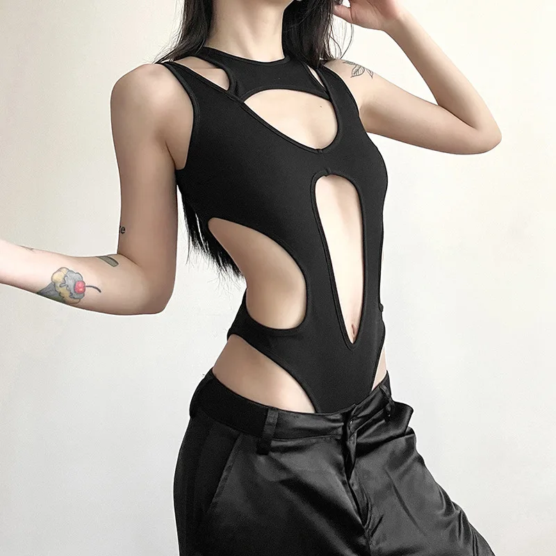 Mall Gothic Hollow Out Sexy Bodys Techwear Fashion Y2k Patchwork Tops Damen Grunge Rückenfrei High Cut Slim Bodysuit