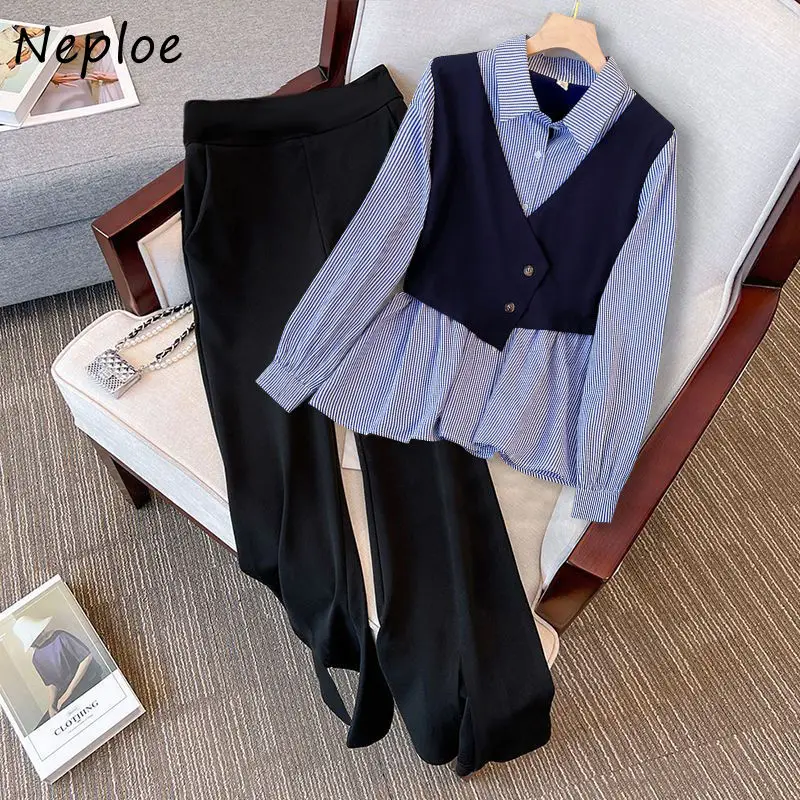 Neploe Moda Turn-down Collar Flare Sleeve Set Women Pantalon Slim Fake Two Pieces Wid Leg Pants Straight Loose Solid Suit Pant