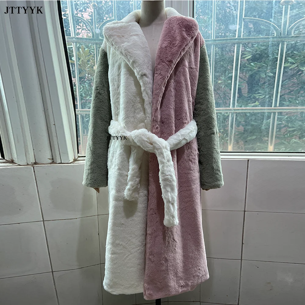 Patchwork Women Autumn Winter Warm Fur Outerwear Fashion Loose Faux Fur Rabbit Long Plush Jacket Casual Thickened Fur Coat 2023