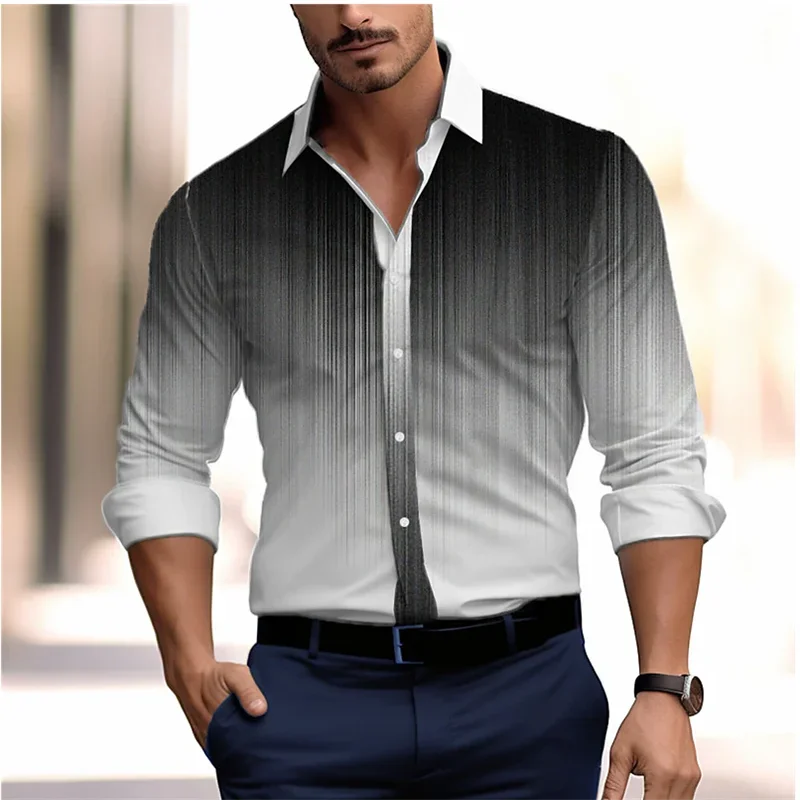 Color Gradient 3D Printed Casual Men's Shirt Spring Lapel Single Breasted Long Sleeve XS-6XL Four-Way Stretch Fabric Shirt 2025