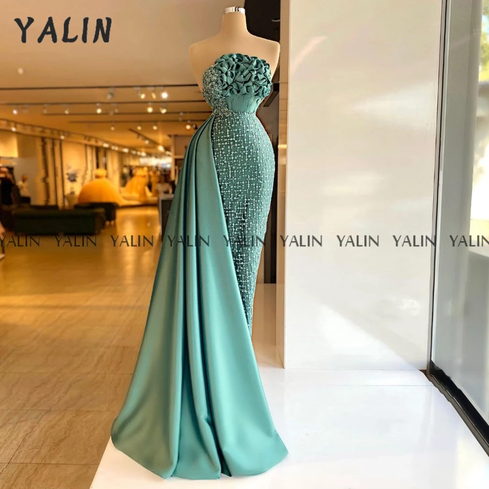 Customized Green Evening Dress Mermaid Prom  Scalloped Neck Sleeveless Sweep Train Hand Pleated Sequined abiti da cerimonia