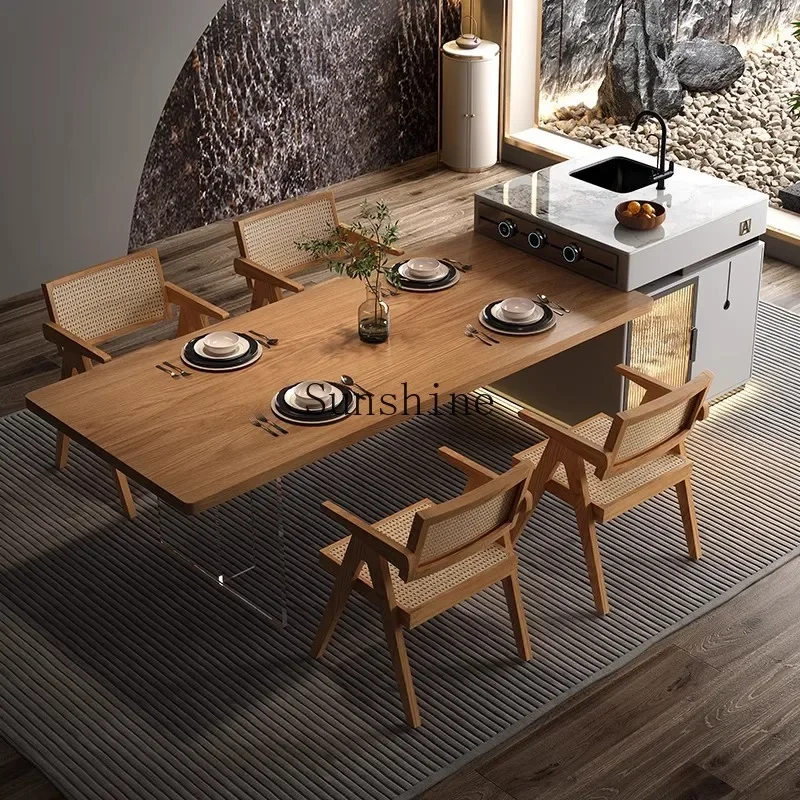 

Sink island dining table integrated retractable with microwave oven solid wood dining table