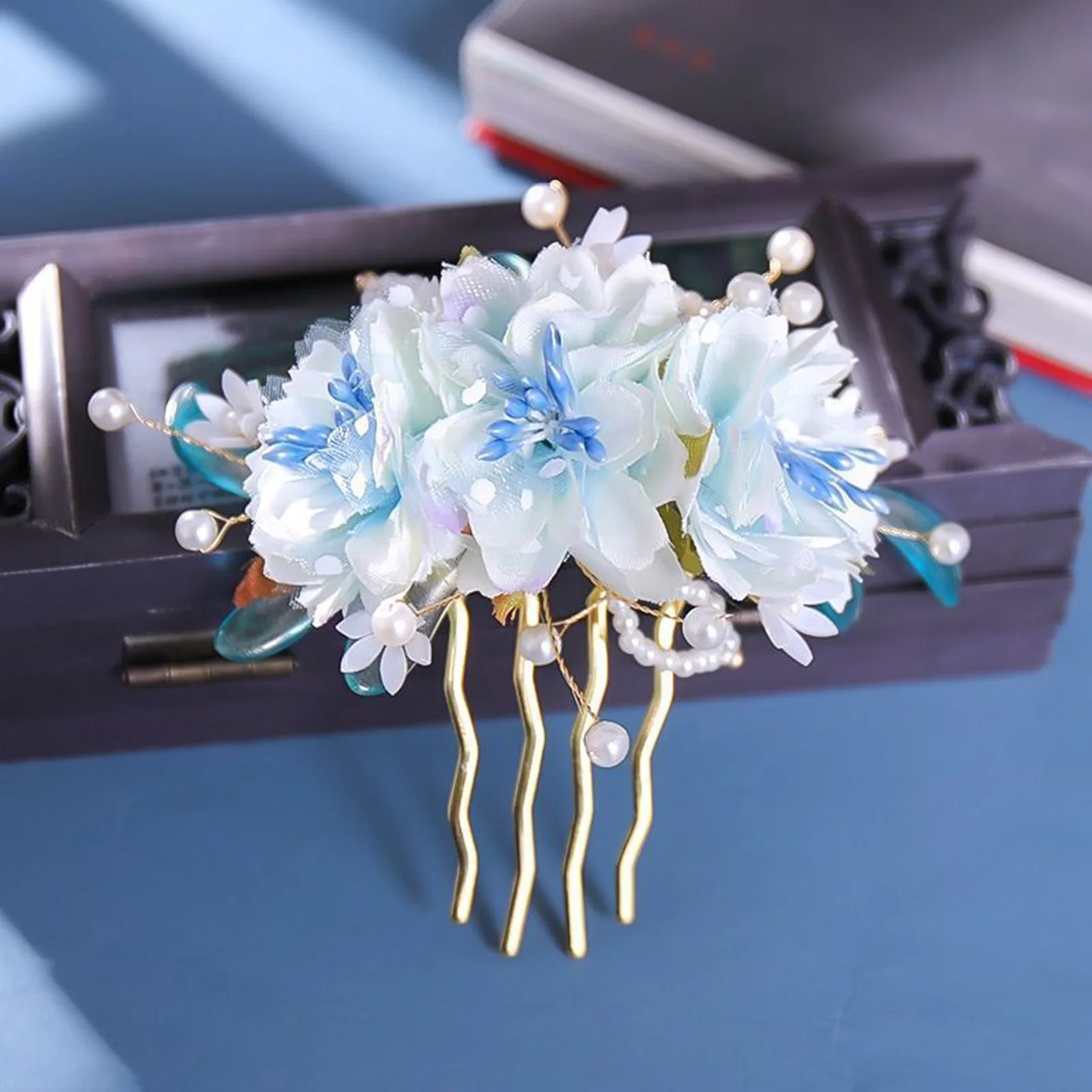 Blue Flower Hairpins U Shaped Hair Sticks Retro Chinese Hairclips Pearls Tassel Headpieces Women Hanfu Dress Hair Jewelry